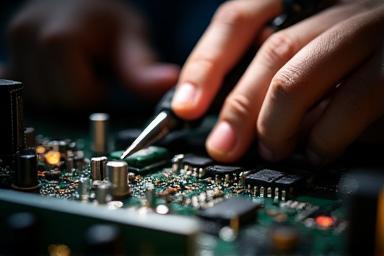 Close-up de mãos reparando equipamento de áudio